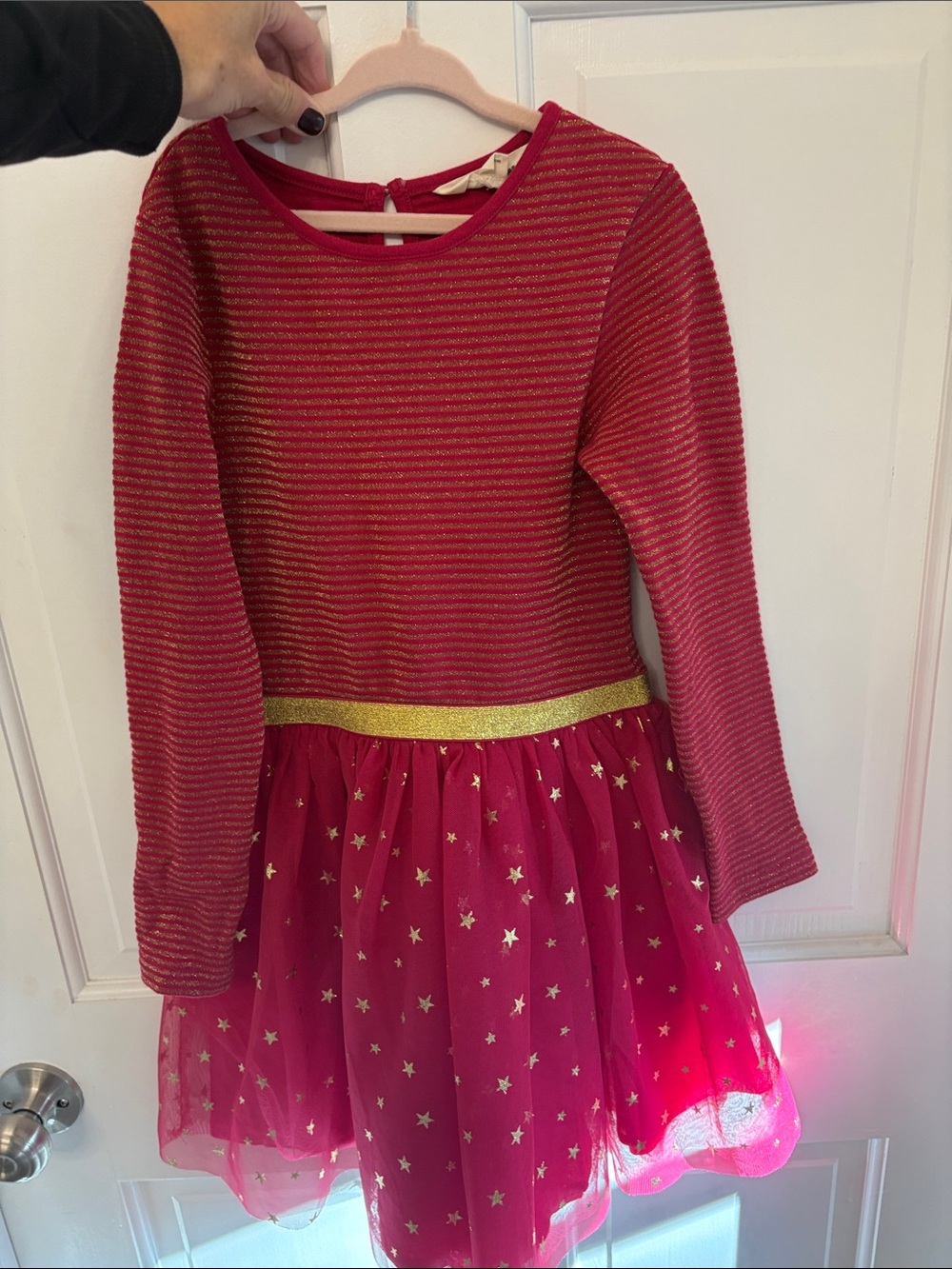Mini Boden Red Long-Sleeve Star Tulle Dress with Gold Waistband